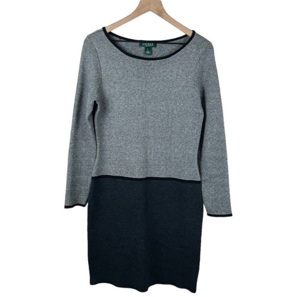 Lauren Ralph Lauren Gray Colorblock Long Sleeve Knit Sweater Sheath Dress Medium